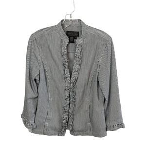 Live A Little Women's Denim Jacket Size Small Black White Stripe Ruffle Detail